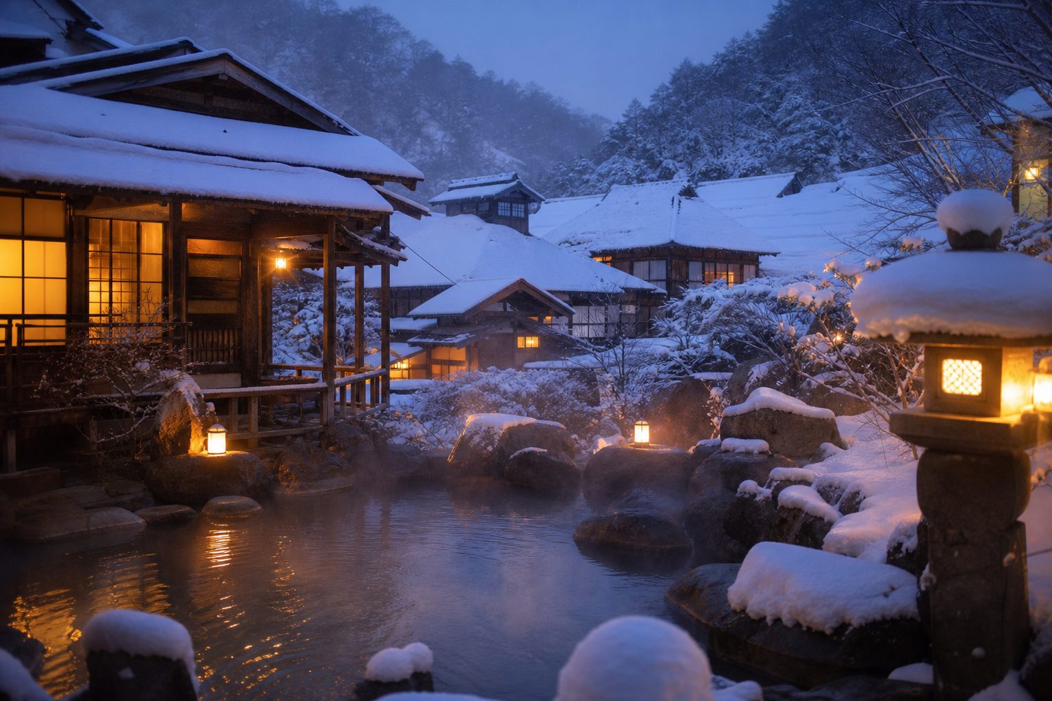 雪中的日本溫泉鄉(示意圖)